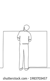 man stands and looks over the wall - one line drawing. concept of tall man spying on someone hiding behind a wall