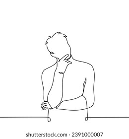 man stands lost in thought with his arms crossed and stroking his chin - one line art vector. concept reflection, self-reflection