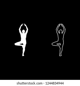 Man stands in the lotus position Doing yoga silhouette icon outline set white color