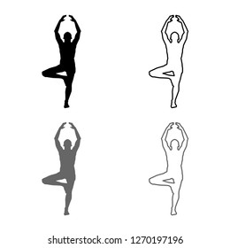 Man stands in the lotus position Doing yoga silhouette icon outline set grey black color