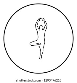 Man stands in the lotus position Doing yoga silhouette icon black color outline vector illustration flat style simple image in circle round