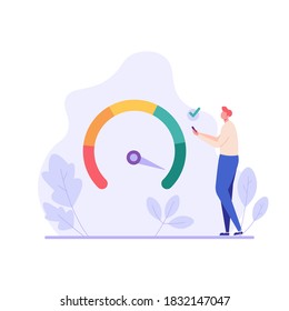 Man stands with mobile and checks the credit score. Concept of banks, dispensing money, credit report, mortgage, payment history, cash.  Vector illustration in flat design.