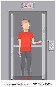 Man Stands In Modern Elevator With Iron Doors. Lifting Mechanism Of New Elevator With Up And Down Buttons. Passenger Closes Door Of Lift. Metal Lift For Transporting People Between Floors Of Building