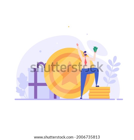 Man stands with money in his hands on coins. Concept of discount and loyalty card, customer service, loyalty program, gift boxes, bonus or reward. Vector illustration in flat design 