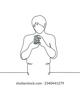 man stands with mug of hot steaming drink - one line art vector. the concept to make yourself tea, coffee or cocoa