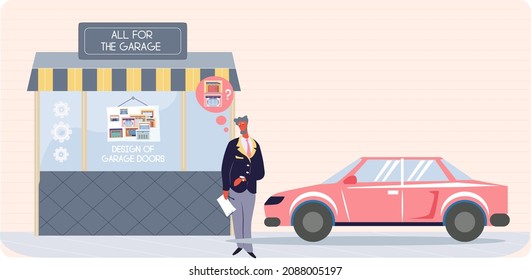 Man stands near all for garage store. Vehicle storage space, room for cars equipment. Advertisement of shop with items for place for automobile parking. Shopping in garage store in modern building