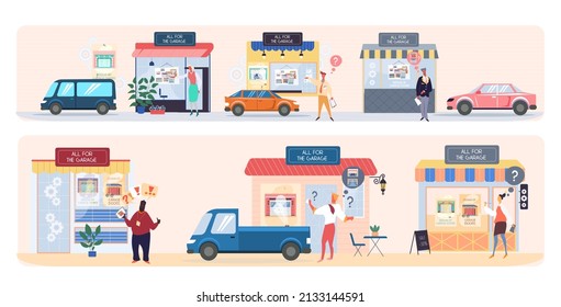 Man stands near all for garage store. Vehicle storage space, room for cars equipment. Advertisement of shop with items for place for automobile parking. Shopping in garage store in modern building