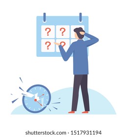 Man stands near a blackboard with question marks. Vector illustration.