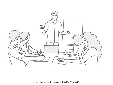 Man stands near blackboard and tells people sitting at table. Line drawing vector illustration.