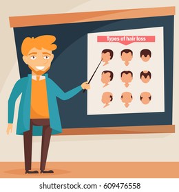 Man stands near the chart. Baldness. Isolated art on white background. Vector. Cartoon. Flat. For websites, brochures, magazines. Medicine