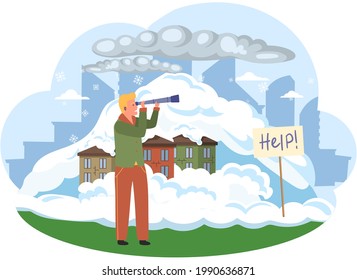Man stands near city covered with snow looks through binoculars at white clouds, climate change. Take care about planet. Nature and ecology concept. Man studies environment and caring for nature