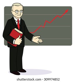 A man stands near the diagram of the arrow. Vector illustration. Concept