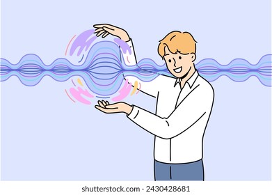 Man stands near energy wave, demonstrating results scientific experiments on physical phenomena. Business guy touches energy wave that allows you to quickly transmit commercially important information