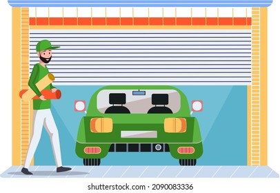 Man stands near garage with automatic gates. Vehicle storage space, room for cars. Gates with lifting mechanism, place for automobile parking. Car near garage in modern residental building