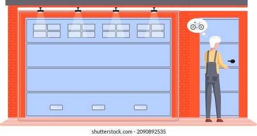 Man stands near garage with automatic gates. Vehicle storage space, room for cars. Gates with lifting mechanism, place for automobile and bicycle parking. Storage space for bike inside modern house