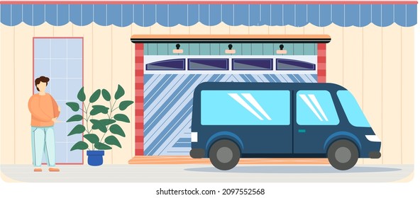 Man stands near garage with automatic gates. Vehicle storage space, room for cars. Gates with lifting mechanism, place for automobile parking. Car near garage in modern residential building