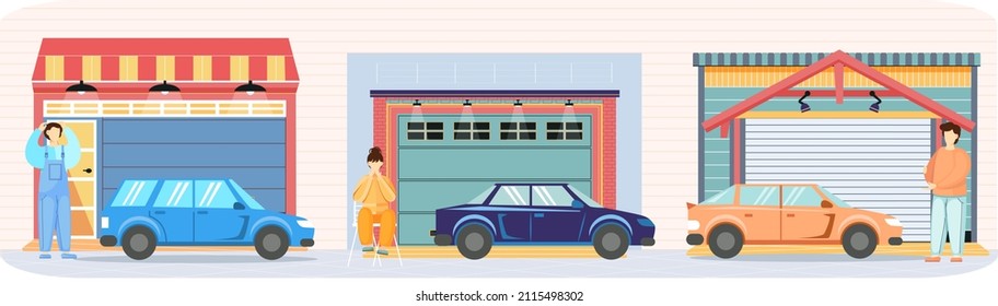 Man stands near garage with automatic gates. Vehicle storage space, room for cars. Gates with lifting mechanism, place for automobile parking. Car near garage in modern residental building