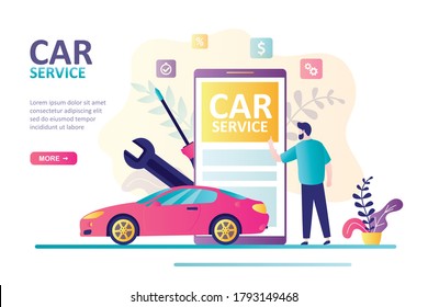 Man stands near huge smartphone and ordering car service online. Landing page on theme auto service. Concept of car repair and auto diagnostics. Website template. Trendy flat vector illustration