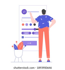 The man stands near the interface of the mobile application. User settings and customization of the social network account. Vector flat illustration. 