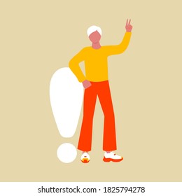 A Man Stands Near A Large Exclamation Symbol. A Flat Cartoon Character With A Giant Punctuation Mark. Vector Illustration. Eps 10.