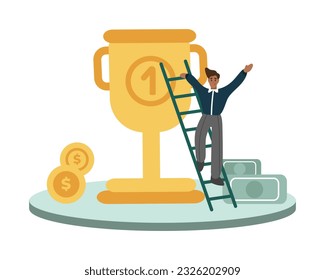 Man stands near large goblet on stairs and rejoices. Concept of career goal achievement. Idea of financial freedom. People increasing capital and profits. Vector illustration in blue and yellow colors