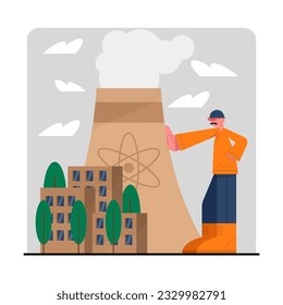 Man stands near large pipe and controls process. Sustainable clean industrial factory, renewable energy and green electricity. Environmentally conscious living concept. Flat vector illustration