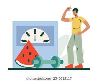 Man stands near scales, dumbbells and watermelon, chooses proper nutrition. Healthy lifestyle concept. Natural good food, healthy eating concept. Choose vegetables and fruits. Flat vector illustration