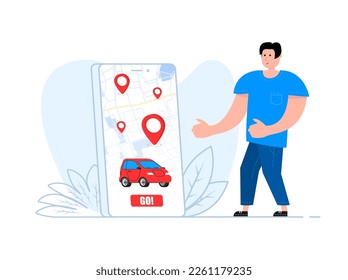 A man stands near the smartphone, on the screen car sharing and rent service. Mobile app ordering automobile.
