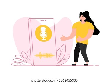 A man stands near the smartphone, on the screen audio Levels Lines. Podcast radio icon. Studio microphone, broadcast.