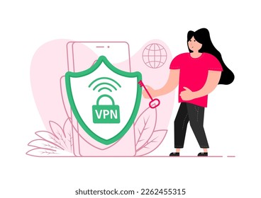 A man stands near the smartphone, on the screen VPN icon. Virtual Private Network.