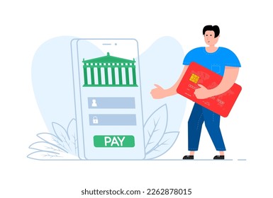 A man stands near the smartphone, on the screen online banking and accounting. Online payment. E-payment screen.