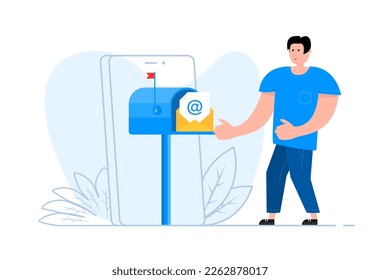 A man stands near the smartphone, on the screen Subscription to newsletter, Email Marketing