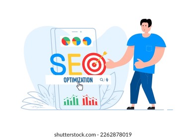 A man stands near the smartphone, on the screen SEO optimisation. Web analytics and seo marketing.