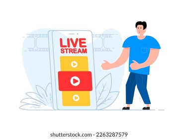 A man stands near the smartphone, on the screen live stream. Layer, broadcast, website.