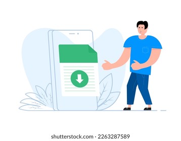 A man stands near the smartphone, on the screen file with download icon. Document downloading.