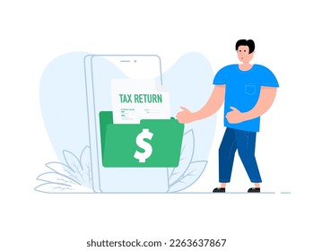 A man stands near the smartphone, on the screen Tax return document. Tax declaration