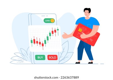 A man stands near the smartphone, on the screen Stocks market graph. Trading, forex. Excellent investing.