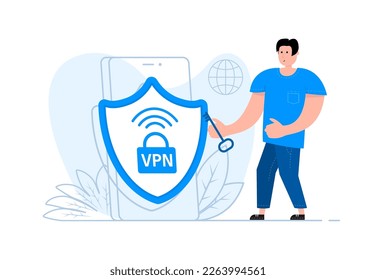 A man stands near the smartphone, on the screen VPN icon. Virtual Private Network.