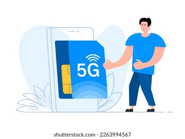 A man stands near the smartphone, on the screen 5G Sim Card. Mobile telecommunications technology.