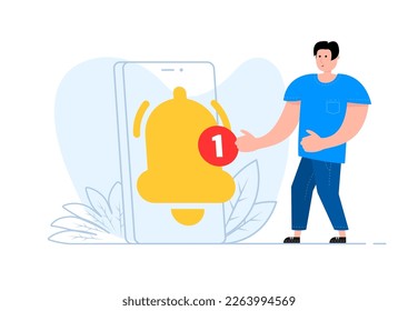 A man stands near the smartphone, on the screen notification bell. Ringing bell. New message.