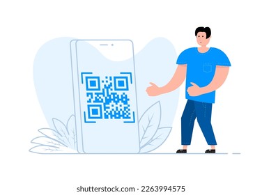 A man stands near the smartphone, on the screen QR code with scan me icon