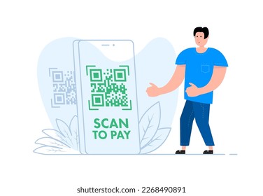 A man stands near the smartphone, on the screen qr code and text scan to pay. QR code payment