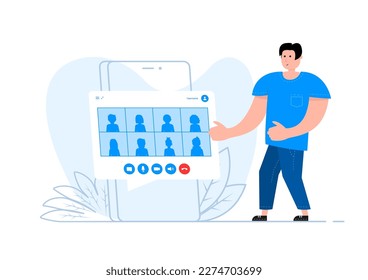 A man stands near the smartphone, on the screen Video conference and online communication. Video call.