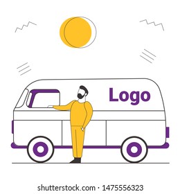A man stands near a van. Vector illustration in a flat simple style. Driver. Cargo transportation, delivery. Place for a logo.