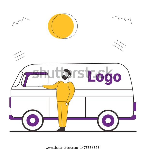 A man stands near a van. Vector illustration in a\
flat simple style. Driver. Cargo transportation, delivery. Place\
for a logo.