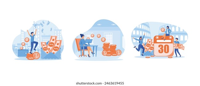 Man stands with a new income, received a salary. Salary Payment concept. Showing a group of people celebrating salary payment day. Set flat vector modern illustration 