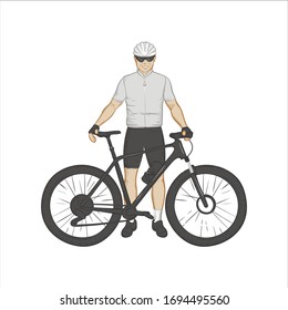 A man stands next to a bicycle. Hand drawing. Vector illustration.