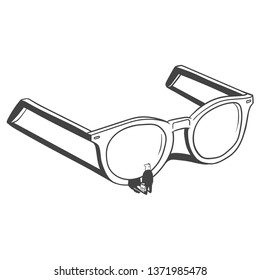 A man stands next to big glasses.