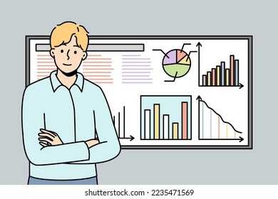 Man stands next to board for presentations, reflecting graphs, charts of development of company. Businessman prepared report based on infographics on whiteboard. Vector linear colored illustration.