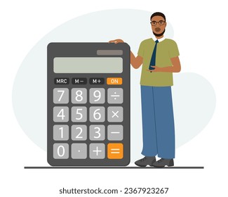 A man stands next to a calculator. Financial presentation, audit or professional accounting service, cost calculation. Electronic counting device. Cartoon illustration. Vector